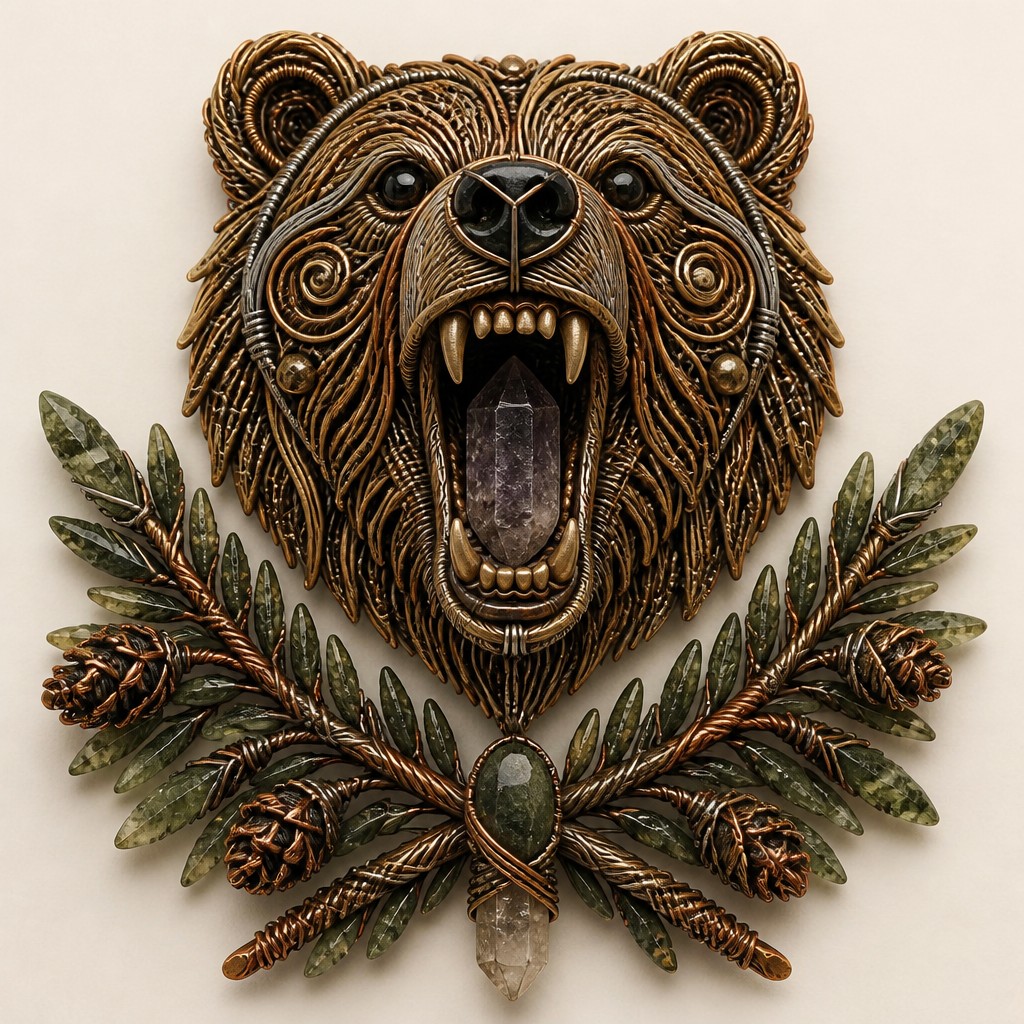 a roaring bear head above crossed pine branches, bold graphic composition on a plain background, no text