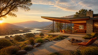 a vast valley with a river winding toward distant mountains at sunrise, no people, no text