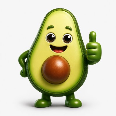 a happy avocado character giving a thumbs up, bold readable design on a plain background, no text