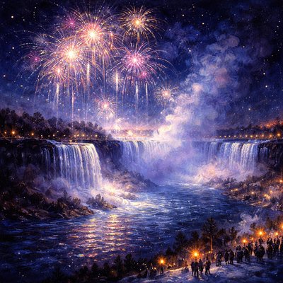 New Year's Eve at Niagara Falls. Fireworks overhead on a starry night with lots of mist rolling up from the falls. , wide perspective, masterpiece, best quality, ultra detailed, sharp focus, highly detailed