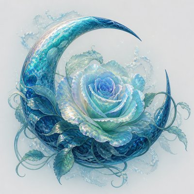 a rose entwined with a crescent moon, clean balanced composition on a plain background, no text
