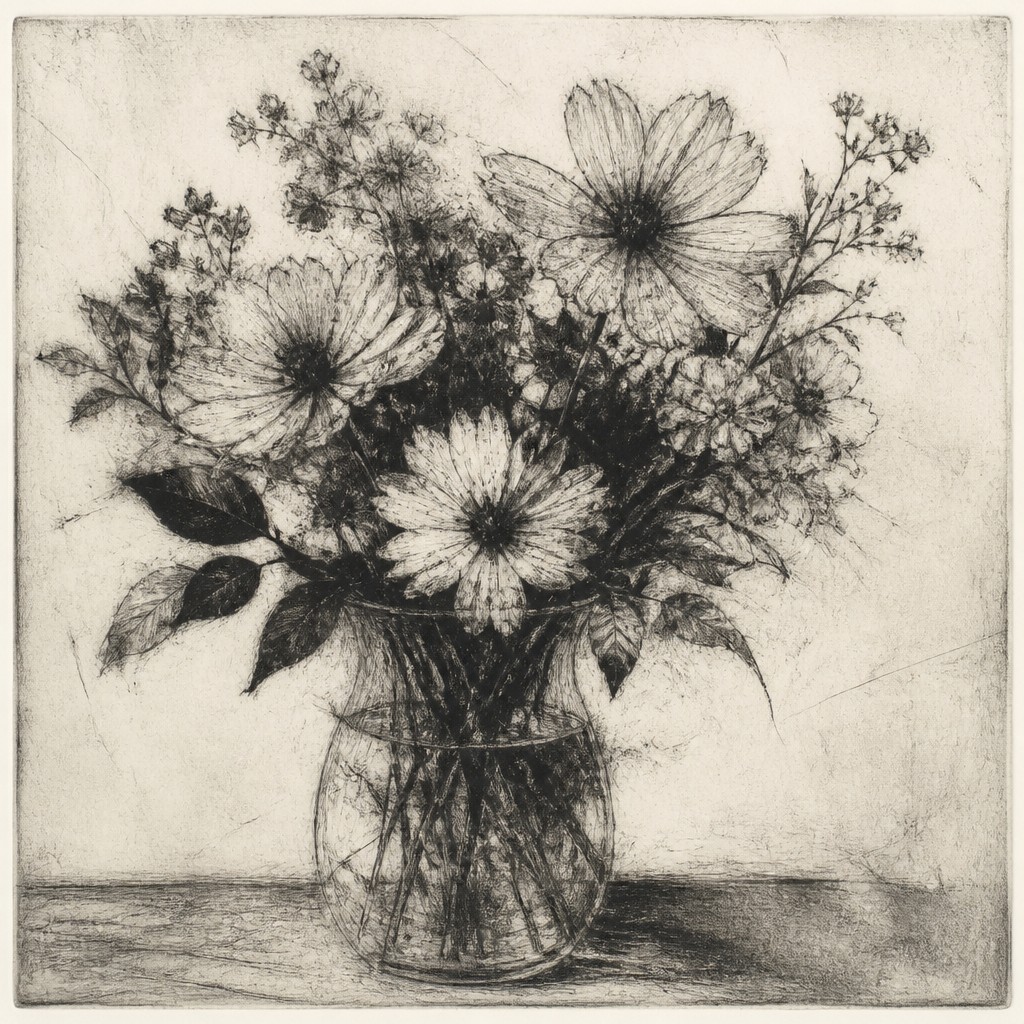bouquet of flowers in a glass vase — Drypoint Print Style