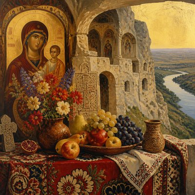 still life arrangement of fruits and flowers
