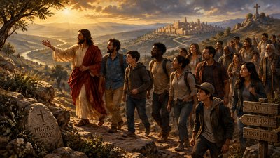 a painting of jesus leading a group of people