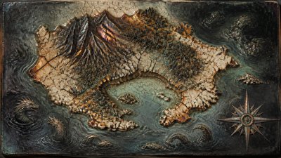 a map of an island realm with mountains, forests, a sheltered bay, sea monsters in the water and a compass rose, no text labels