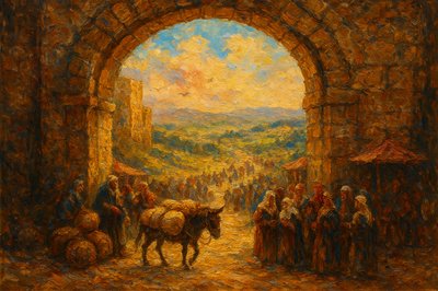 a painting of a group of people standing in front of a doorway