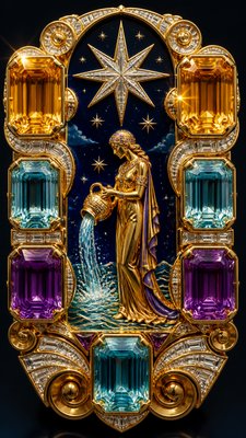 a robed figure pouring water beneath a large eight-pointed star in a night sky, symmetrical composition with an ornate decorative border, no text