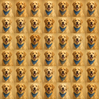 portrait of a golden retriever wearing a blue bandana, warm plain backdrop, no text