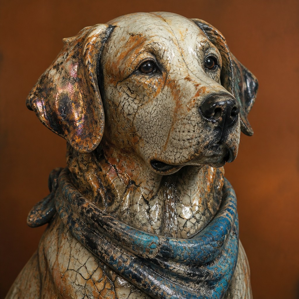 portrait of a golden retriever wearing a blue bandana, warm plain backdrop, no text