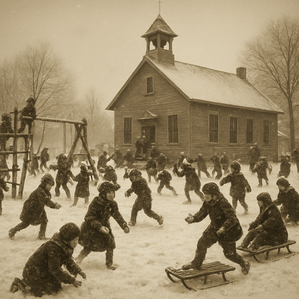 early 1900s American schoolhouse with snowy playground, dozens of children bundled in scarves and mittens, joyfully throwing snowballs, sliding down wooden sleds, climbing rustic playground equipment, nostalgic sepia-toned color overlay, archival photograph aesthetic, cinematic wide shot
