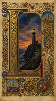 a lone lighthouse on a cliff at dusk under a dramatic sky, no text or lettering