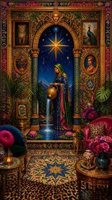 a robed figure pouring water beneath a large eight-pointed star in a night sky, symmetrical composition with an ornate decorative border, no text