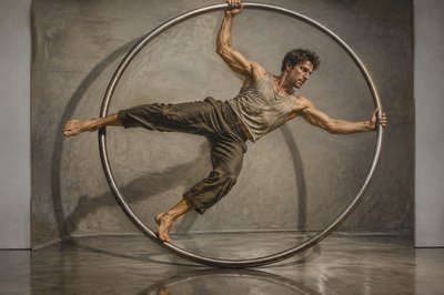 athletic acrobat turning a cyr wheel