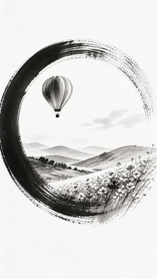 a hot air balloon drifting over rolling flower fields on a sunny day, cheerful, no text