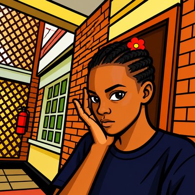 a woman with a flower in her hair standing in front of a brick wall