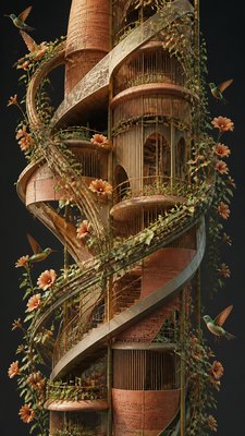 a climbing vine of flowers and hummingbirds on a dark background, tall wrapping composition, no text