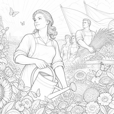 a garden scene with butterflies, flowers and a watering can, clean uncolored line art, no text