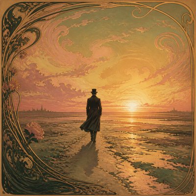 a solitary figure walking toward a glowing horizon across an empty plain, moody atmosphere, no text or lettering