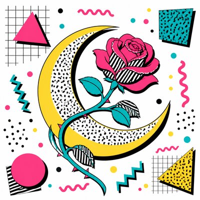 a rose entwined with a crescent moon, clean balanced composition on a plain background, no text