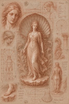 a drawing of a woman standing next to a statue