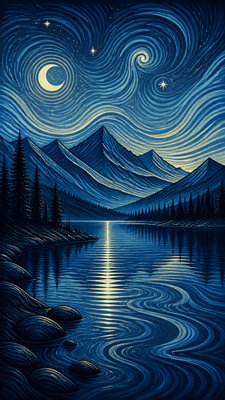 a tranquil mountain lake beneath a starry night sky, no people, no text