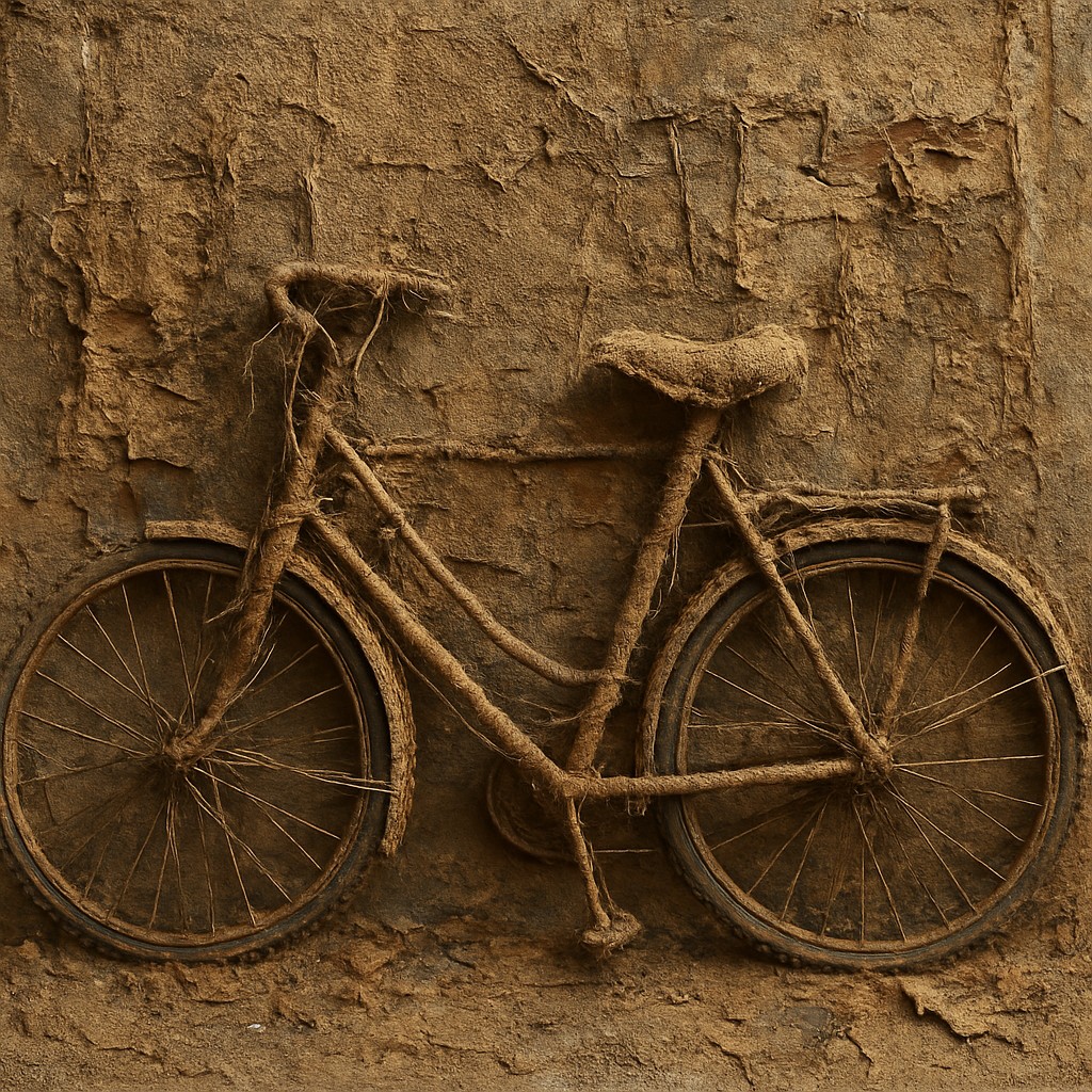 bicyle resting against a wall