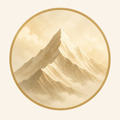 an emblem of a mountain peak inside a circle, simple bold shapes on a plain background, no text or lettering
