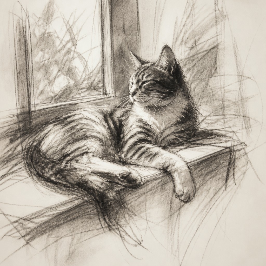 a cat lounging in a sunlit window — Gesture Sketch Drawing Style