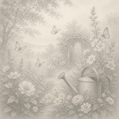 a garden scene with butterflies, flowers and a watering can, clean uncolored line art, no text