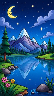 a tranquil mountain lake beneath a starry night sky, no people, no text