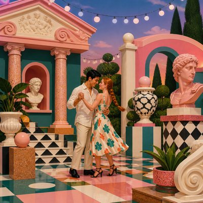 an original couple dancing under string lights in a garden at dusk: a man with short black hair in a linen shirt and a woman with braided red hair in a summer dress
