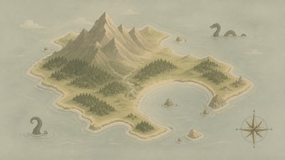 a map of an island realm with mountains, forests, a sheltered bay, sea monsters in the water and a compass rose, no text labels