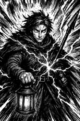 a painting of a man holding a sword and a lantern