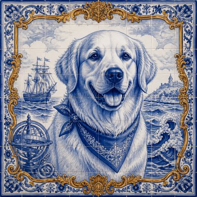 portrait of a golden retriever wearing a blue bandana, warm plain backdrop, no text