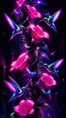a climbing vine of flowers and hummingbirds on a dark background, tall wrapping composition, no text