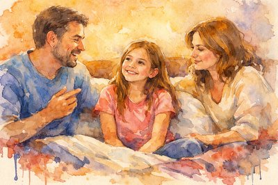 An indoor scene in at home.  A Mom and Dad sit on the bed with their little girl, who is smiling.  The mood is warm and secure.  The little girl is about 10 years old.  She's contented.  Dad is about to tell a story.