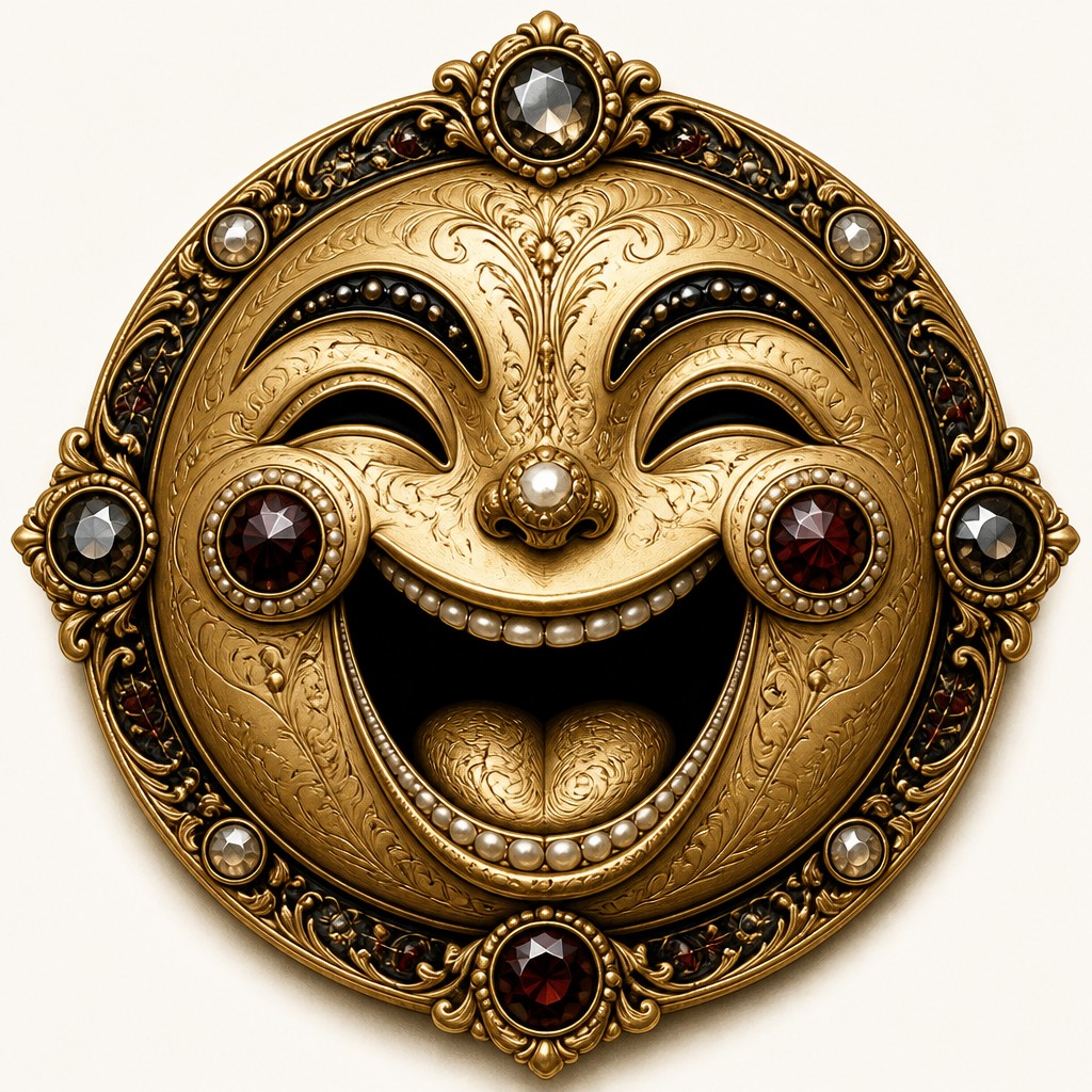 an exaggerated laughing face of an original round mascot character, bold and readable at small size, plain background, no text