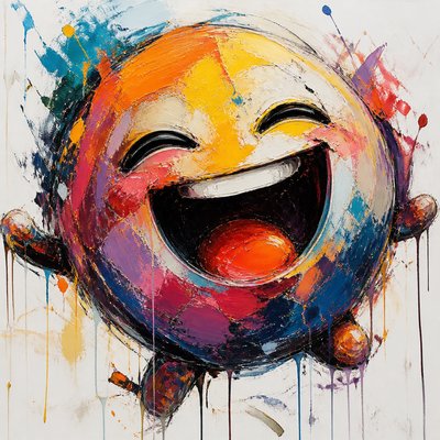 an exaggerated laughing face of an original round mascot character, bold and readable at small size, plain background, no text