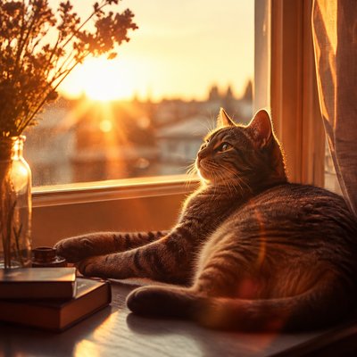 a cat lounging in a sunlit window