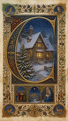 a snow-covered cottage with warm glowing windows beside a decorated pine tree, gentle snowfall, no text