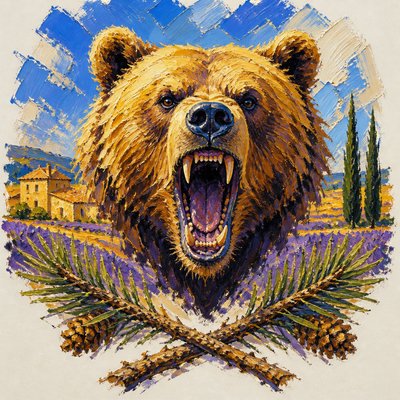 a roaring bear head above crossed pine branches, bold graphic composition on a plain background, no text