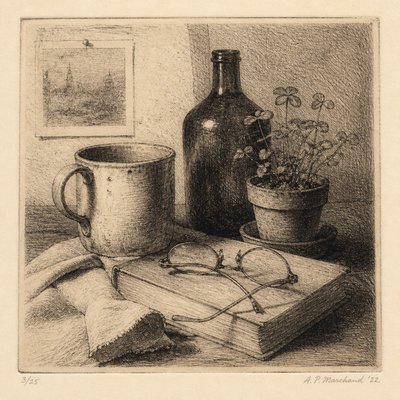 still life with everyday objects — Etching Print Style