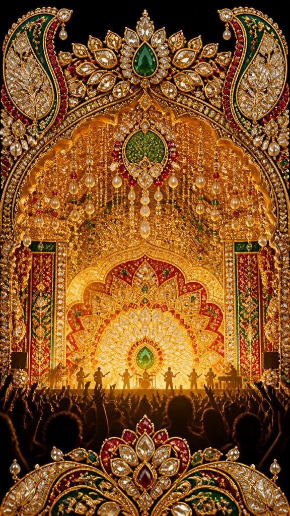 a live music scene with a glowing stage and silhouetted crowd, energetic vertical composition with open space at the top, no text
