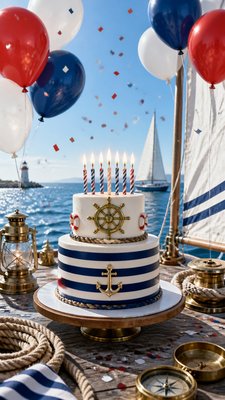 a birthday cake with lit candles surrounded by balloons and confetti, festive vertical composition, no text