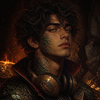 head-and-shoulders portrait of an original character: a young man with curly dark hair and headphones around his neck, plain backdrop, no text