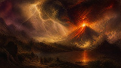 an erupting volcano with lightning strikes, dramatic wide composition, no text