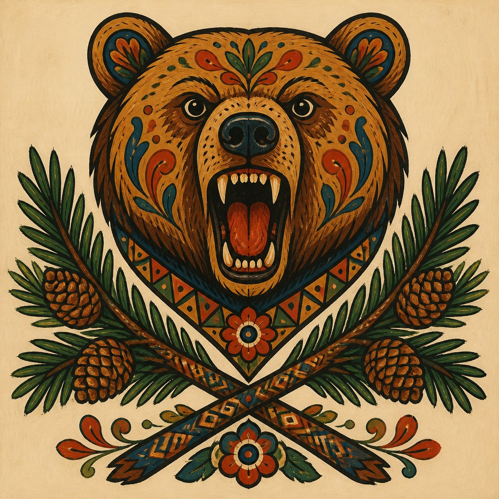 a roaring bear head above crossed pine branches, bold graphic composition on a plain background, no text