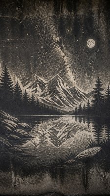 a tranquil mountain lake beneath a starry night sky, no people, no text