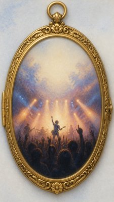a live music scene with a glowing stage and silhouetted crowd, energetic vertical composition with open space at the top, no text