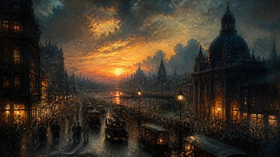 bustling city street panorama at dusk